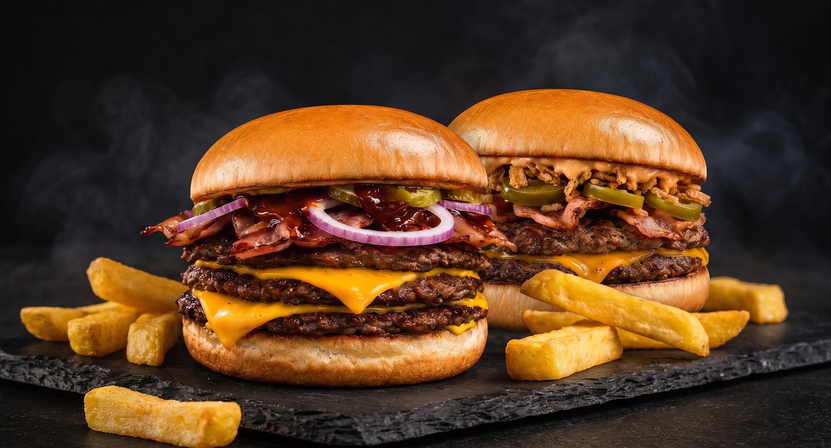 Dwa soczyste burgery CITY BURGER z frytkami stekowymi na łupku