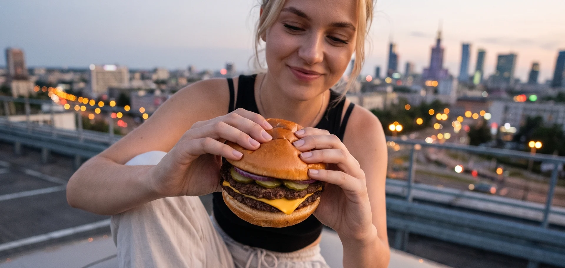 Burger CITY BURGER na dachu z panoramą miasta o zmierzchu